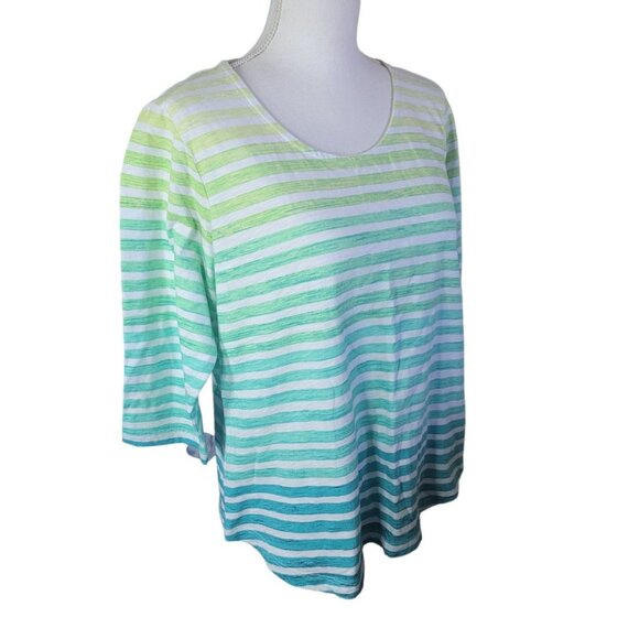 Christopher Banks Petite Tee Shirt Green Horizontal Stripe Womens Large PL Short - Picture 1 of 8